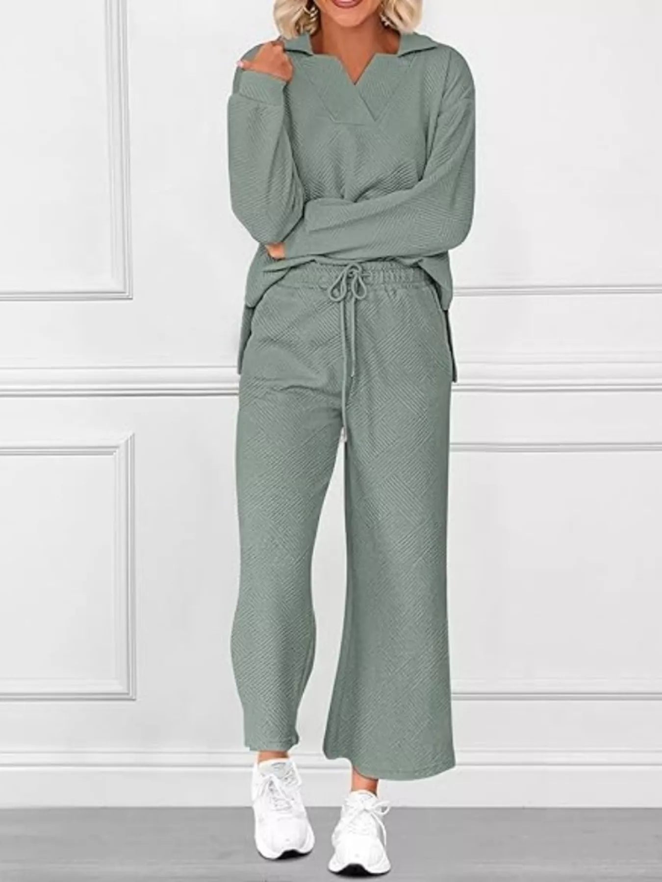 Side Slit Textured Top and Drawstring Pants Set