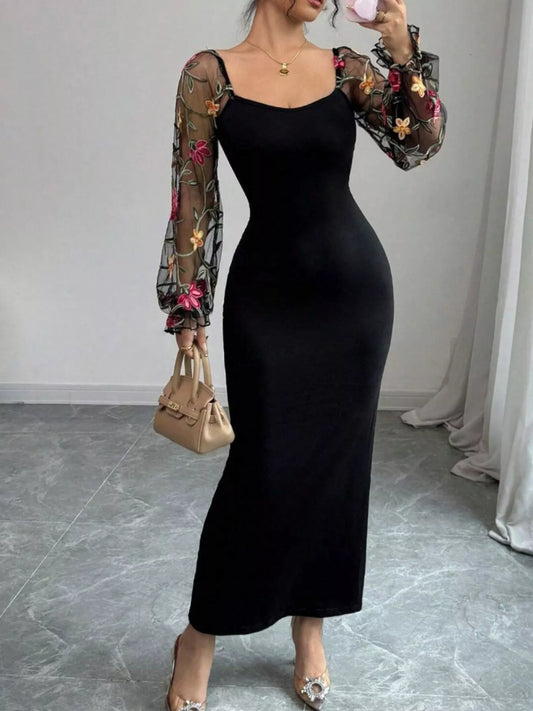 Sheer Floral Mesh Sleeves Bodycon Dress