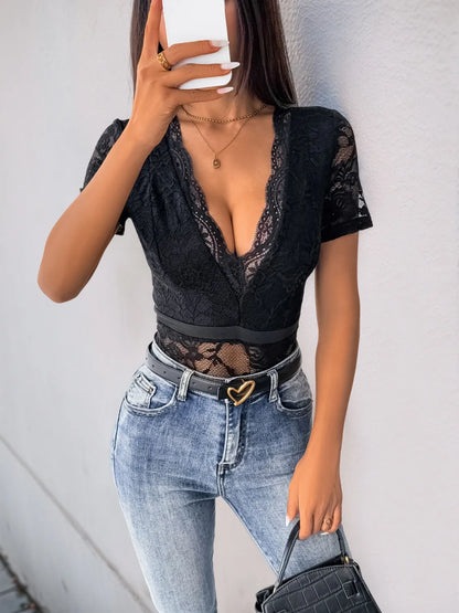 Lace Plunge Short Sleeve Bodysuit