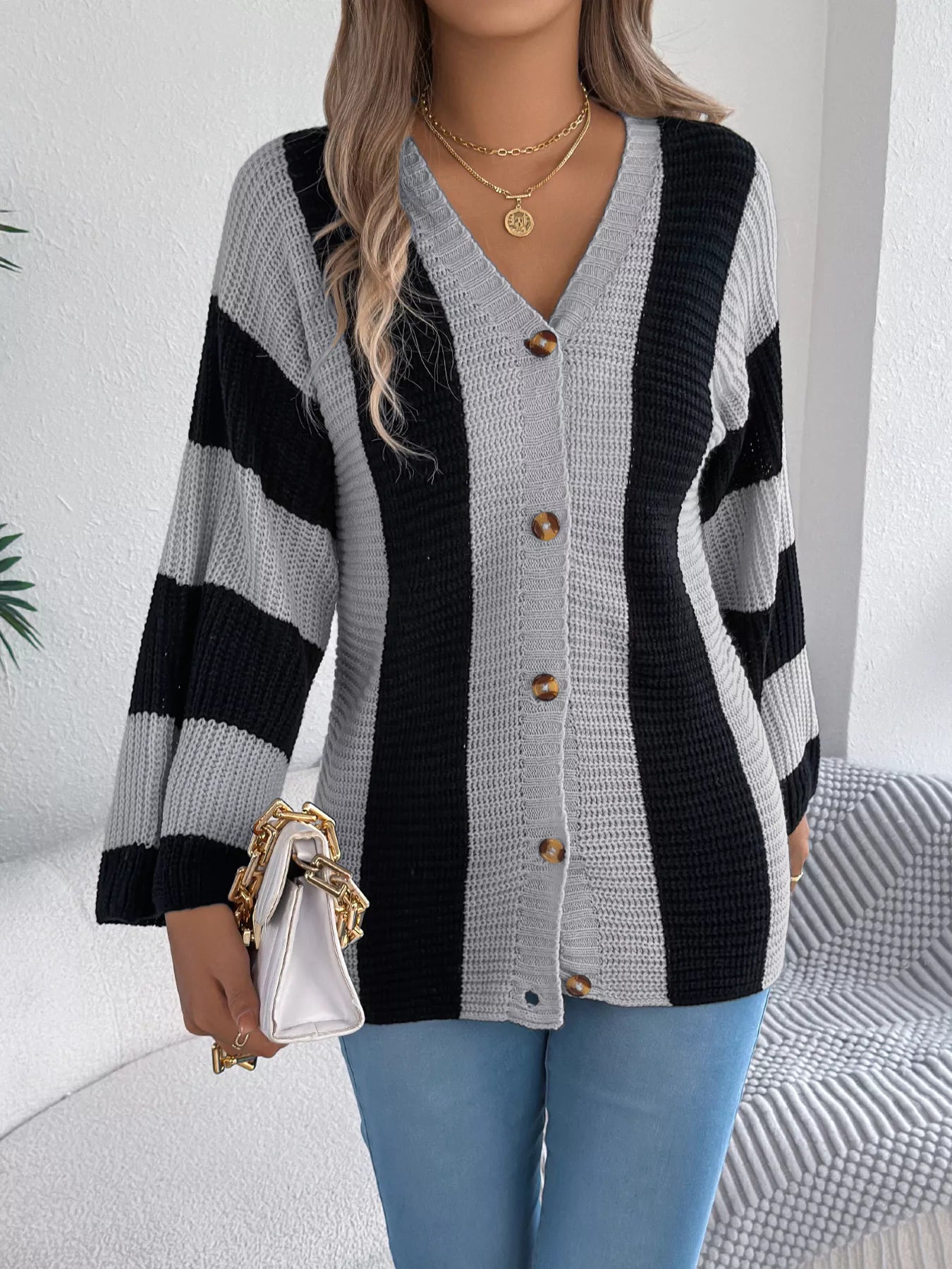 Color Block Button-Up Cardigan