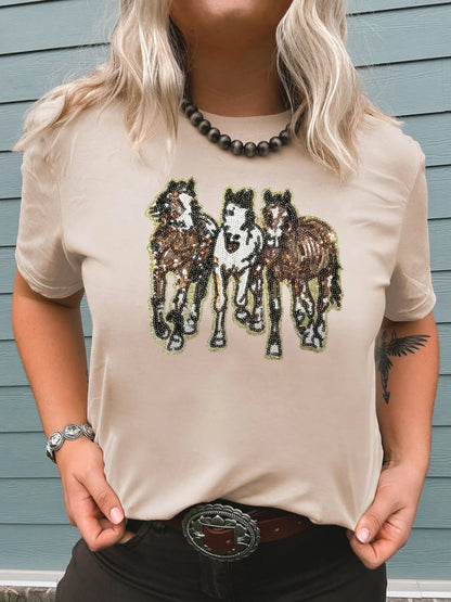 Sequin Horses Patched Casual Crewneck T Shirt