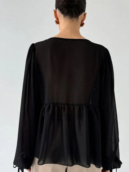 Ruffled Tie Front Long Sleeve Blouse