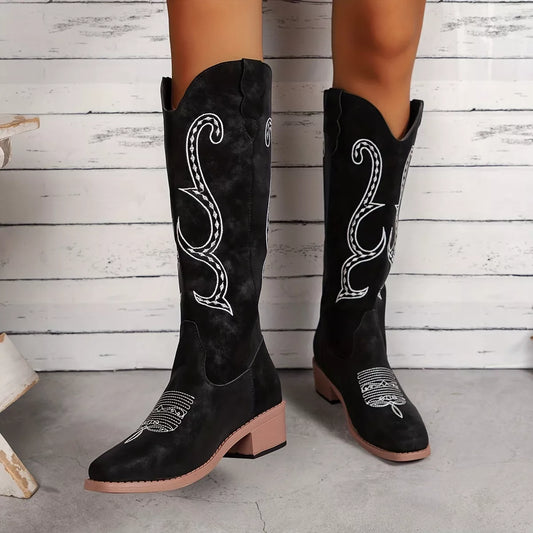 Embroidered Round Toe Block Heels Boots Black