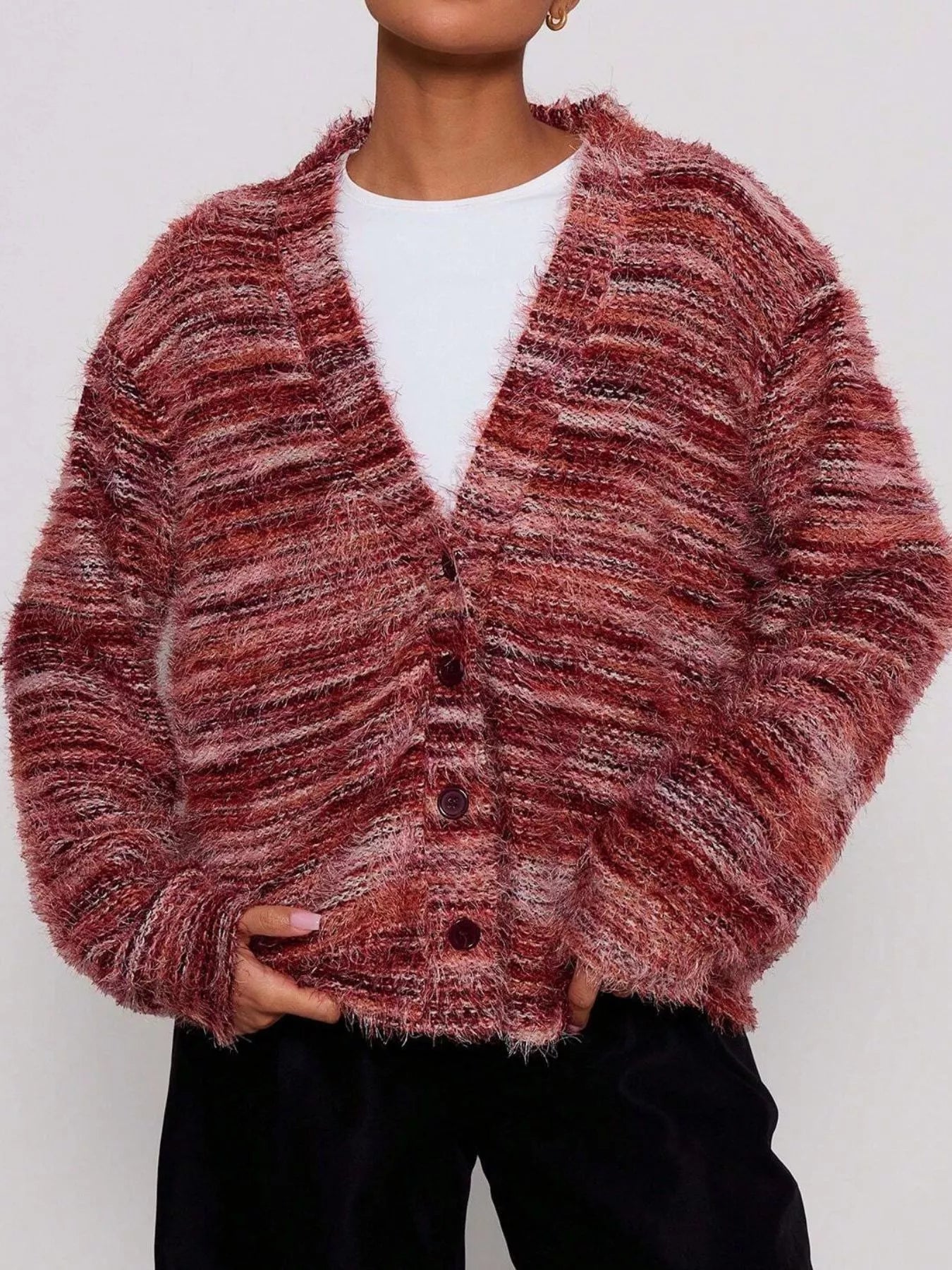 Chunky Knit V-Neck Button-Up Cardigan Deep Red