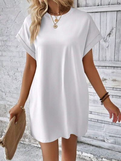 Round Neck Short Sleeve Mini Tee Dress with Pockets