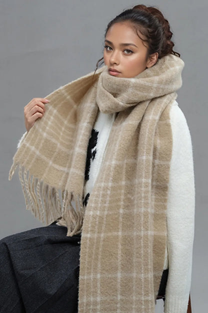 Fringe Plaid Thermal Scarf Tan One Size