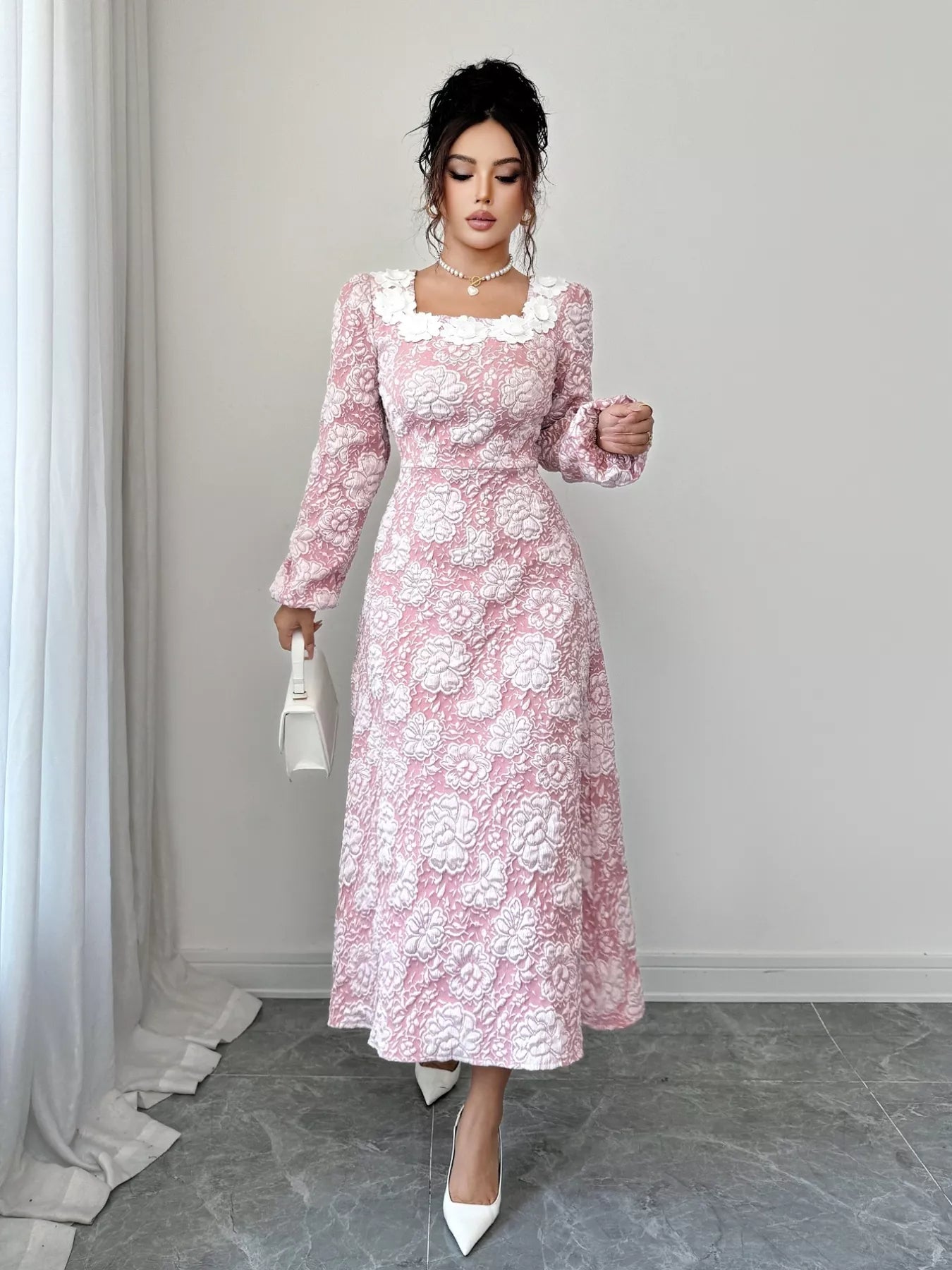 Floral Textured Square Neck Midi Dress Blush Pink