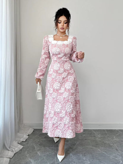 Floral Textured Square Neck Midi Dress Blush Pink