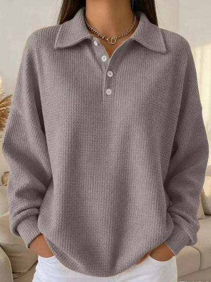 Full Size Waffle Knit Button Detail Sweatshirt Plus Size Gray