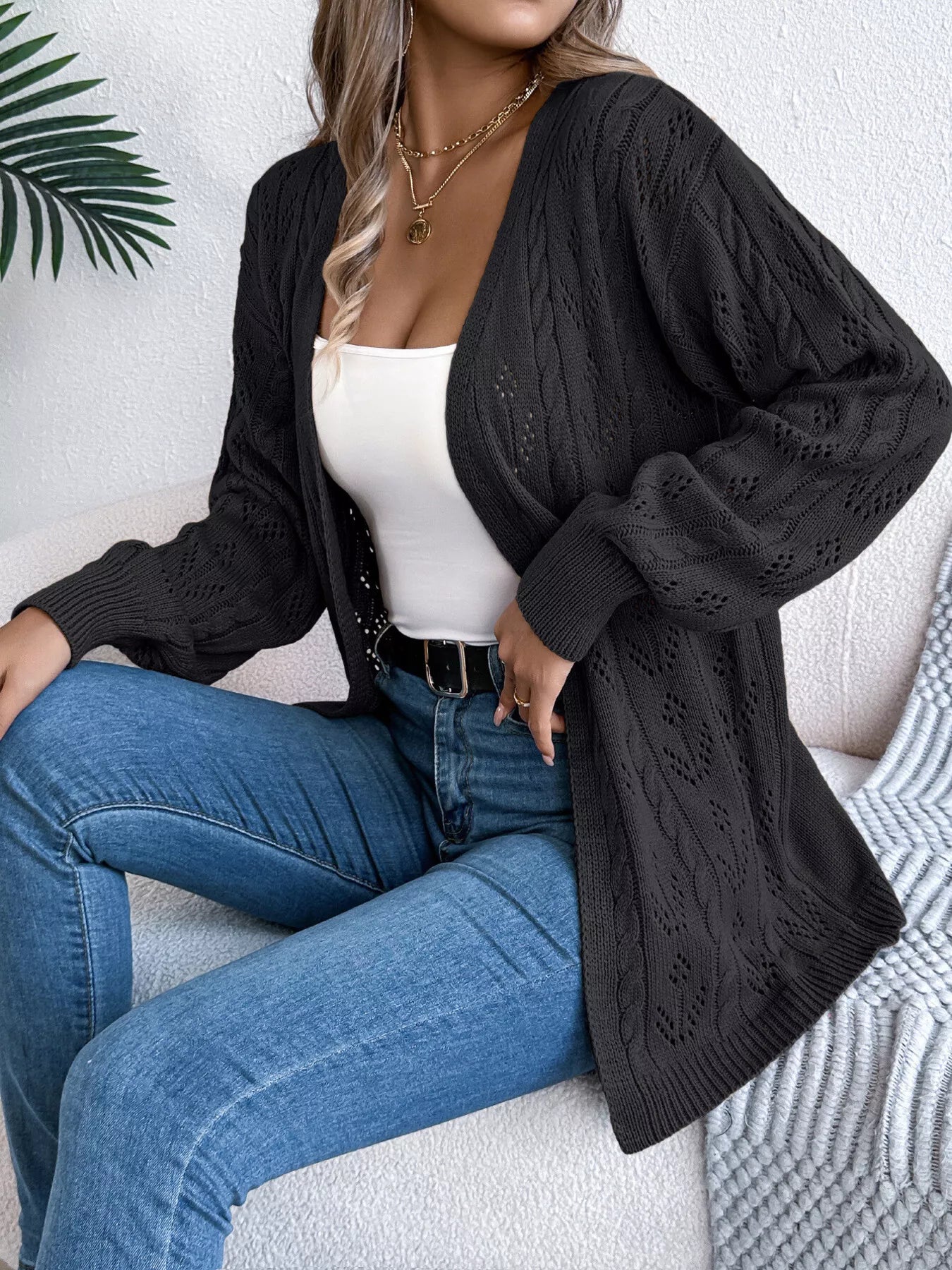 Openwork Open Front Long Sleeve Cardigan Black