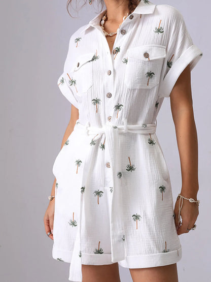 Palm Tree Print Short Sleeve Button-Up Romper with Belt