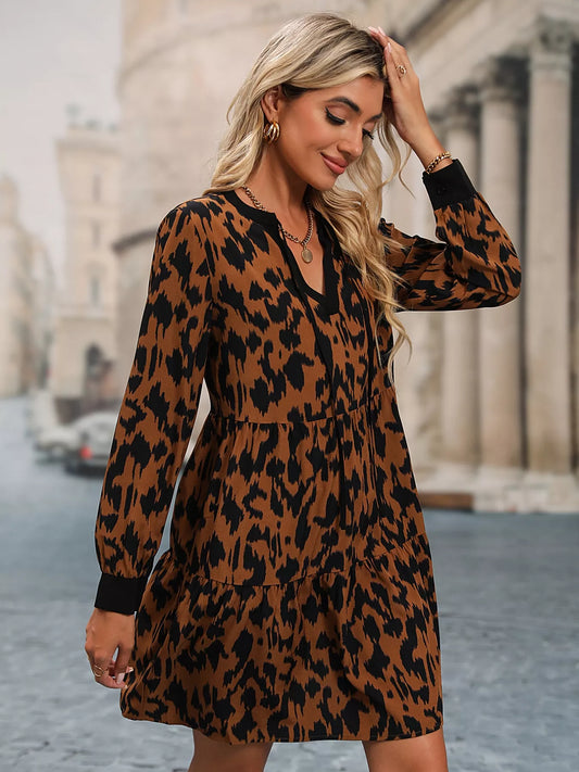 Leopard Tie Neck Long Sleeve Dress Brown