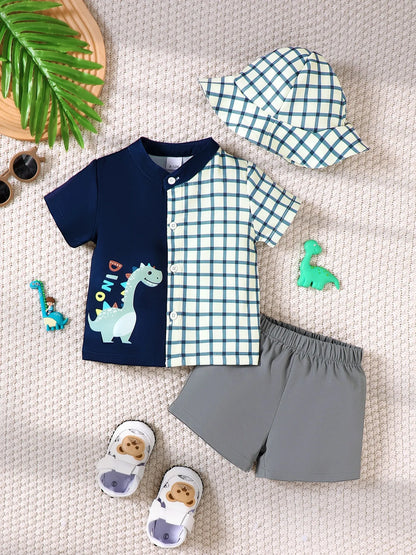 Children's Hat Dinosaur Plaid Button Up Top and Shorts 3-Piece Set Dark Navy