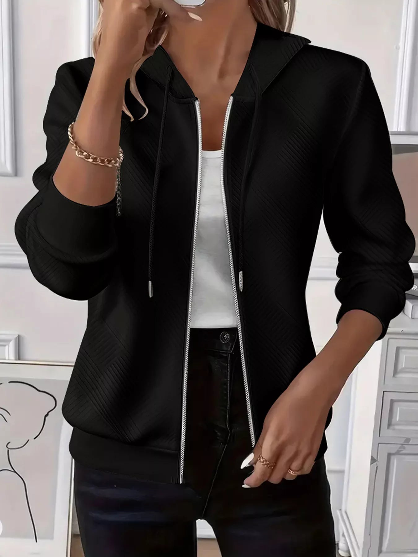 Texture Zip-Up Hoodie with Drawstring Black