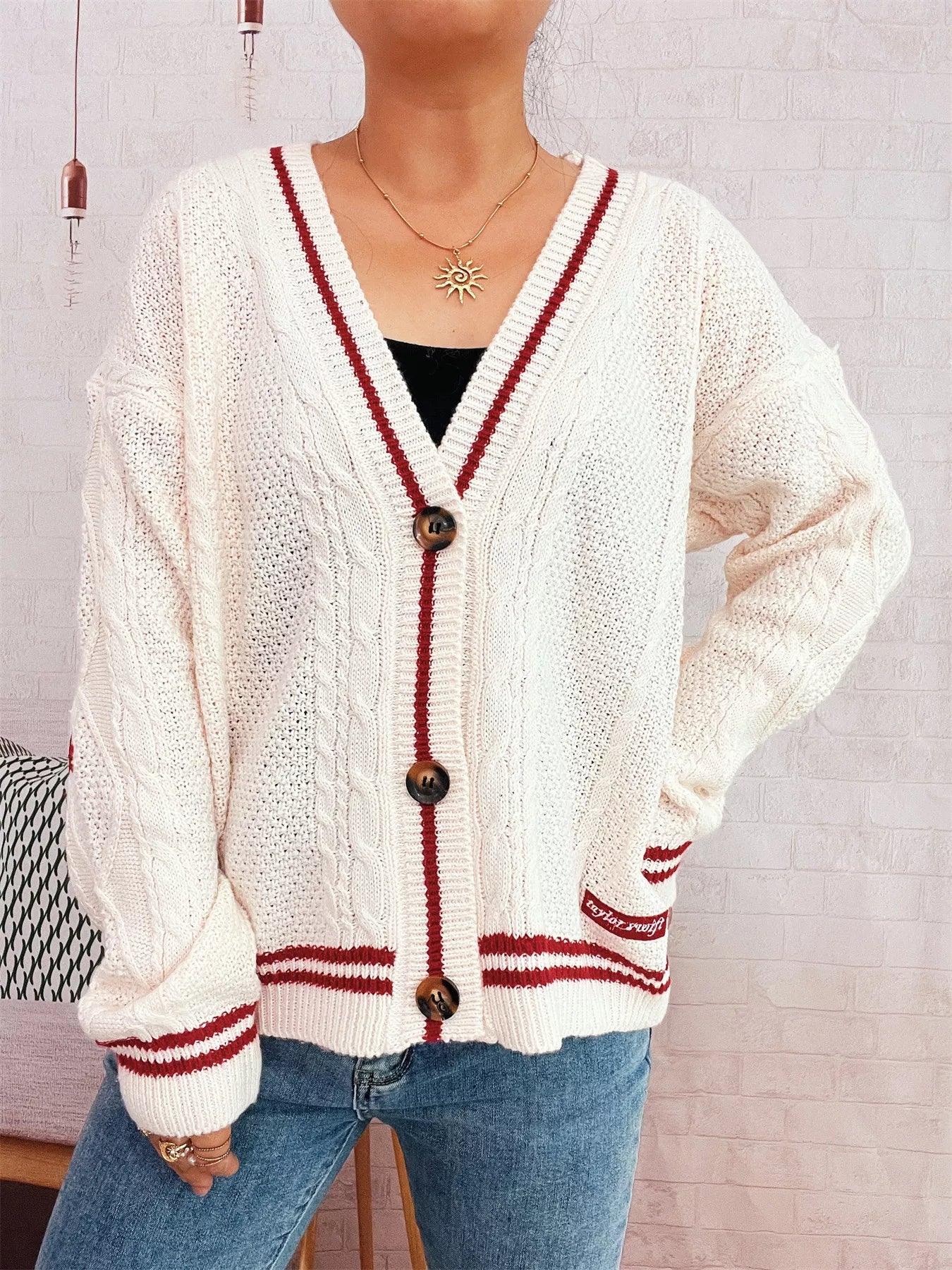 Star Pattern Button-Up Cardigan with Contrast Trim Deep Red One Size
