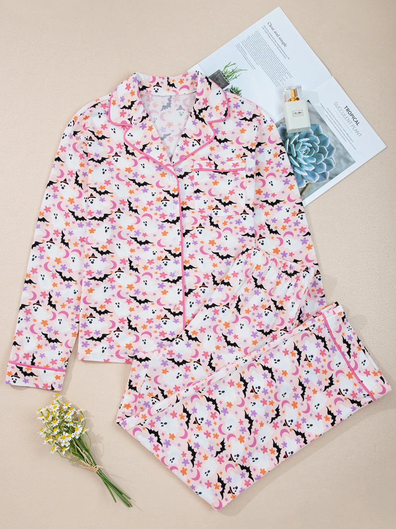 Halloween Ghost Print Button Up Top and Pants Lounge Set