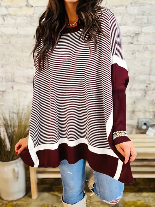 Stripe Color Block Patchwork Dolman Oversize Tunic Sweater Burgundy