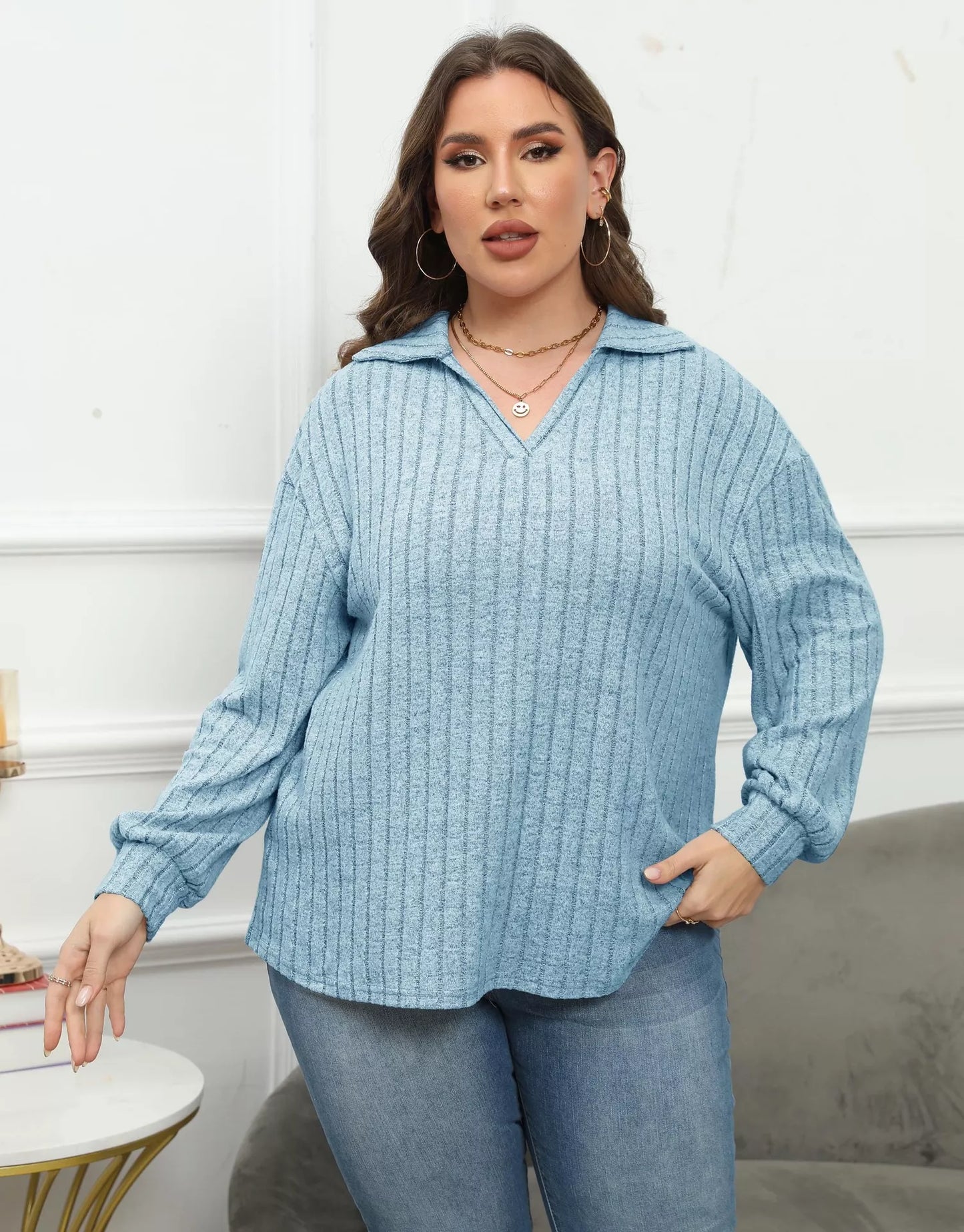 Plus Size Ribbed Knit Polo Collar T-Shirt Light Blue