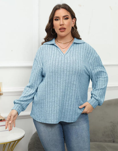 Plus Size Ribbed Knit Polo Collar T-Shirt Light Blue