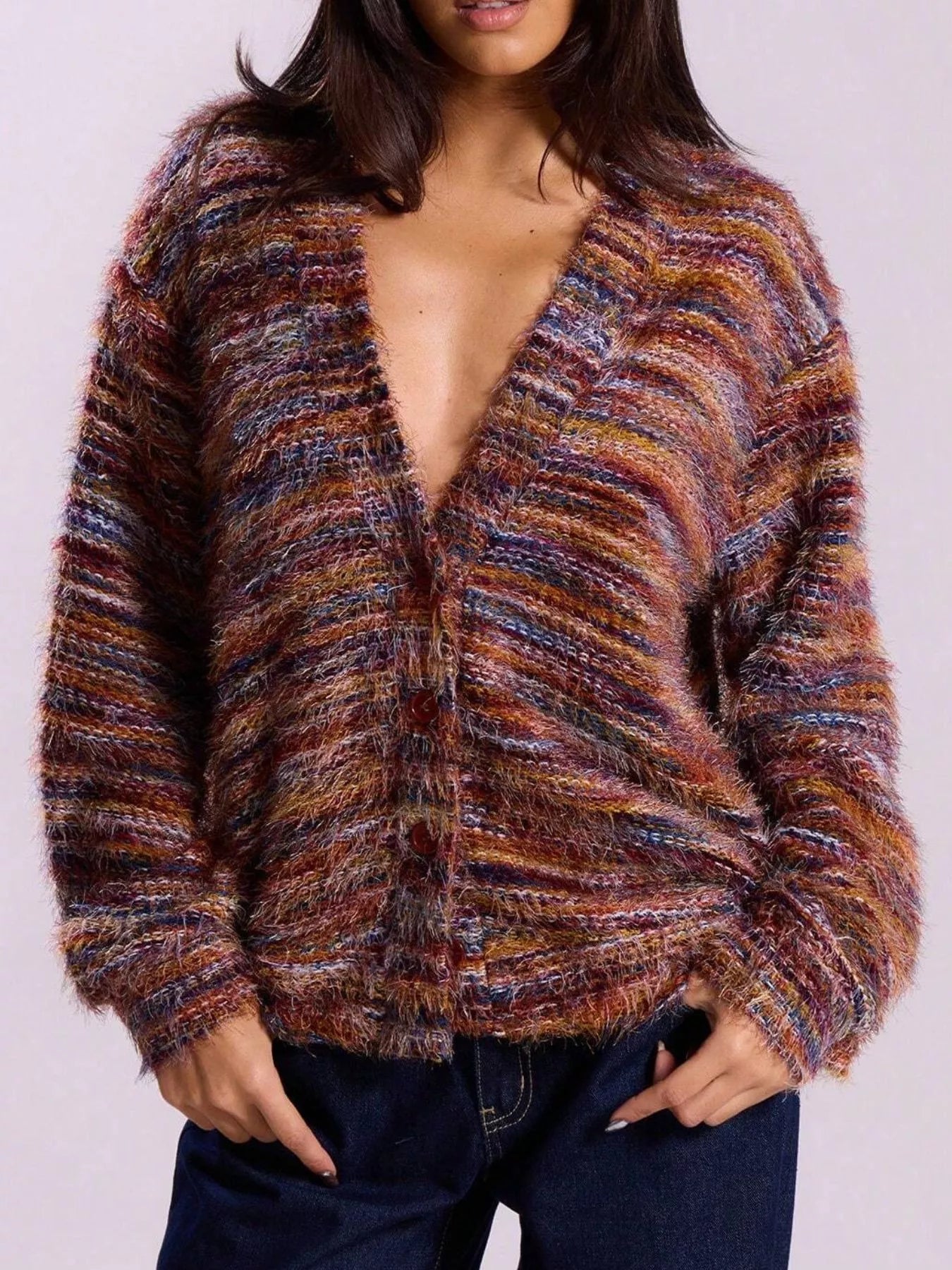 Chunky Knit V-Neck Button-Up Cardigan Deep Purple