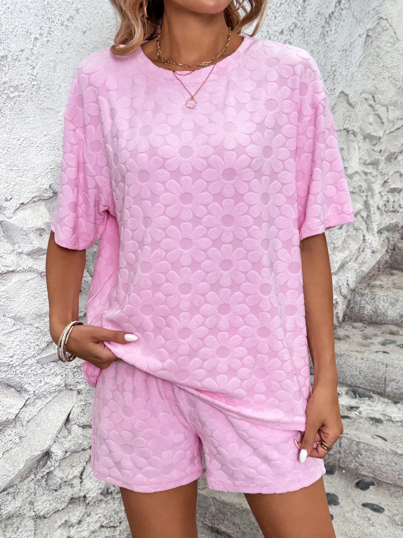 Flower Round Neck Top and Shorts Lounge Set