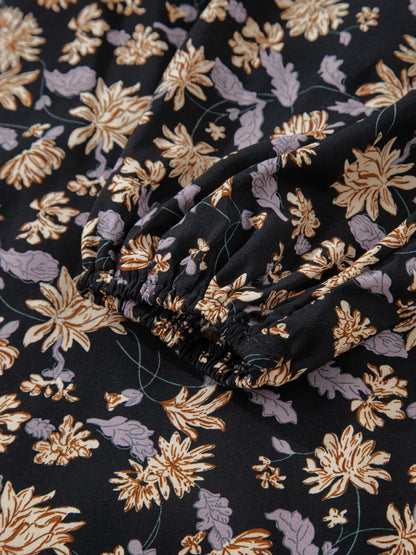 Floral Deep V Neck Smocked Bust Bubble Sleeve Babydoll Dress