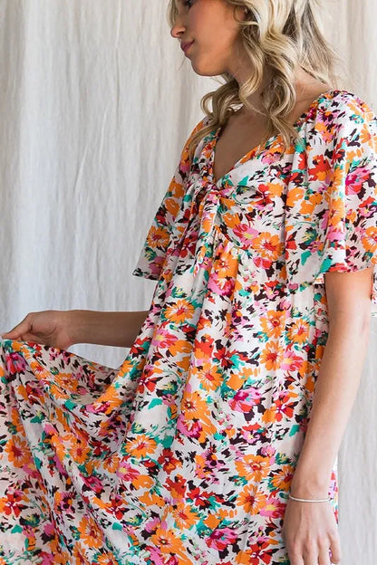 Lime 'N' Chili Floral Print Sweetheart Neck Tie Front Midi Dress
