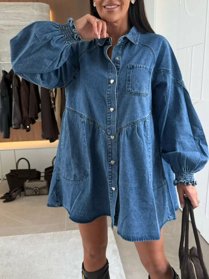 Button Down Mini Denim Dress with Front Pockets Blue