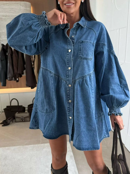 Button Down Mini Denim Dress with Front Pockets Blue