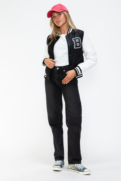 Love Me Now PU Leather Contrast Snap Down Bomber Jacket
