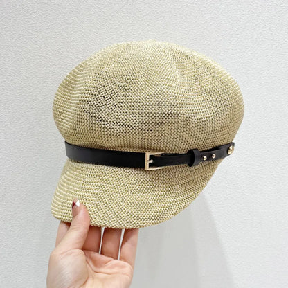 Straw Woven Buckle Hat Beige One Size