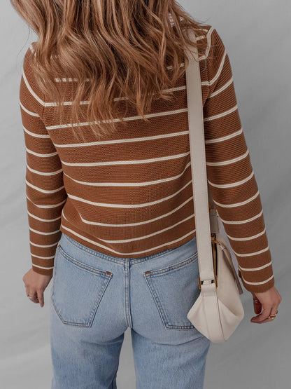Tie Front Striped Knit V Neck Cardigan