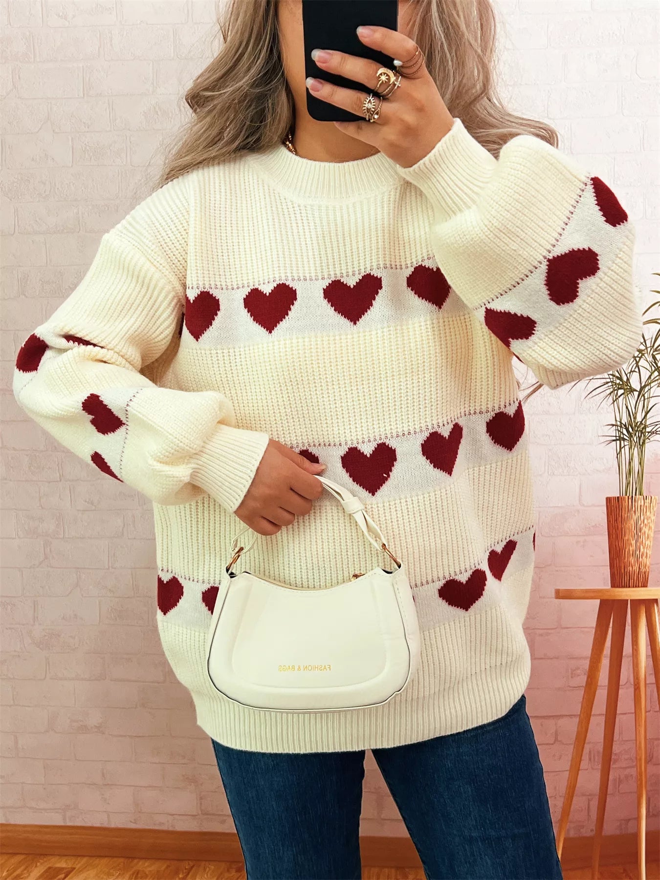 Heart Pattern Dropped Shoulder Sweater Gray white One Size