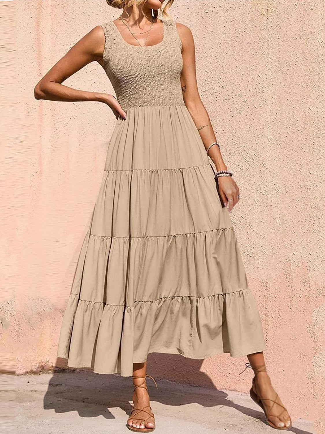 Smocked Tiered Midi Dress with Wide Straps