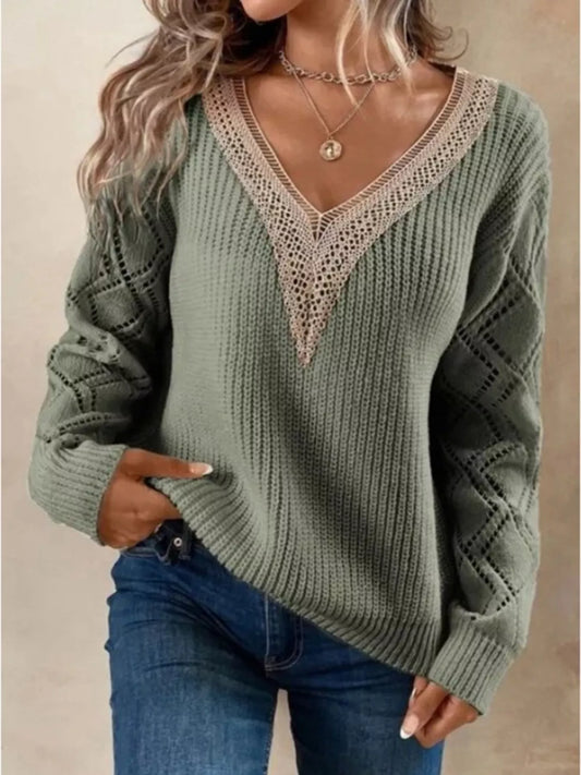 Openwork V-Neck Long Sleeve Sweater Green
