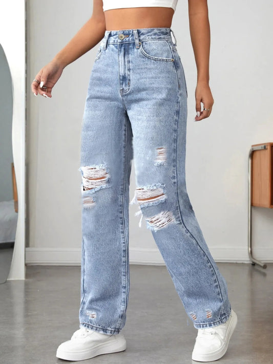 Distressed High Waisted Jeans Light Blue