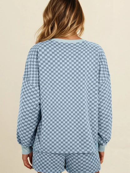 Checkerboard Long Sleeve Pullover and Shorts Set