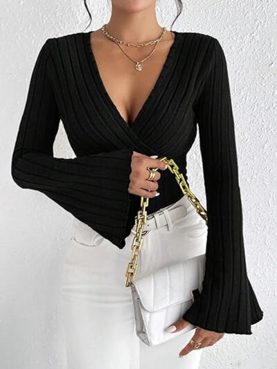 Ribbed Flare Sleeve Top Black