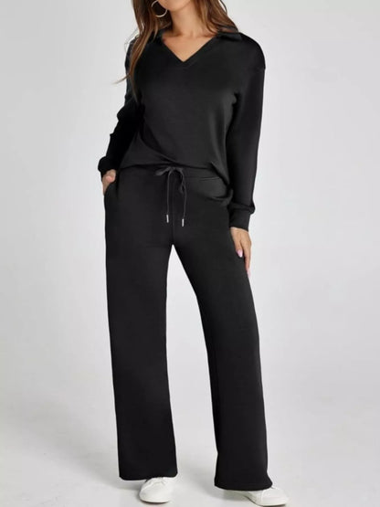 Full Size Johnny Collar Long Sleeve Top and Pants Plus Size Black