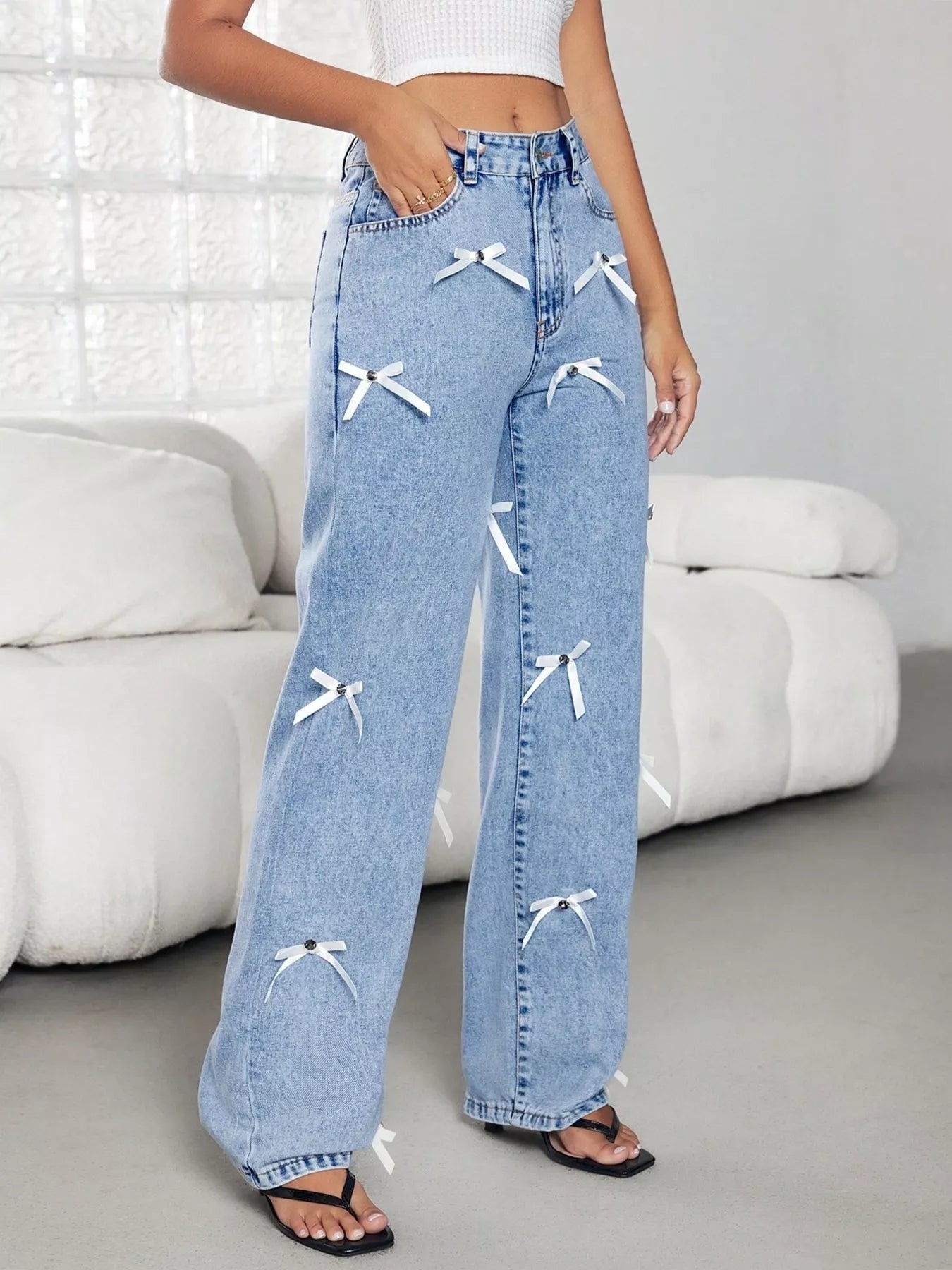 Bow Decor High Waist Wide Leg Jeans
