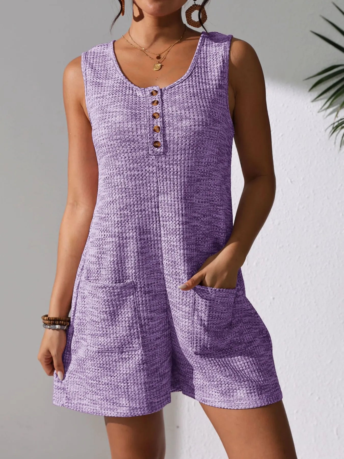 Full Size Button Front Romper with Pockets Plus Size Purple