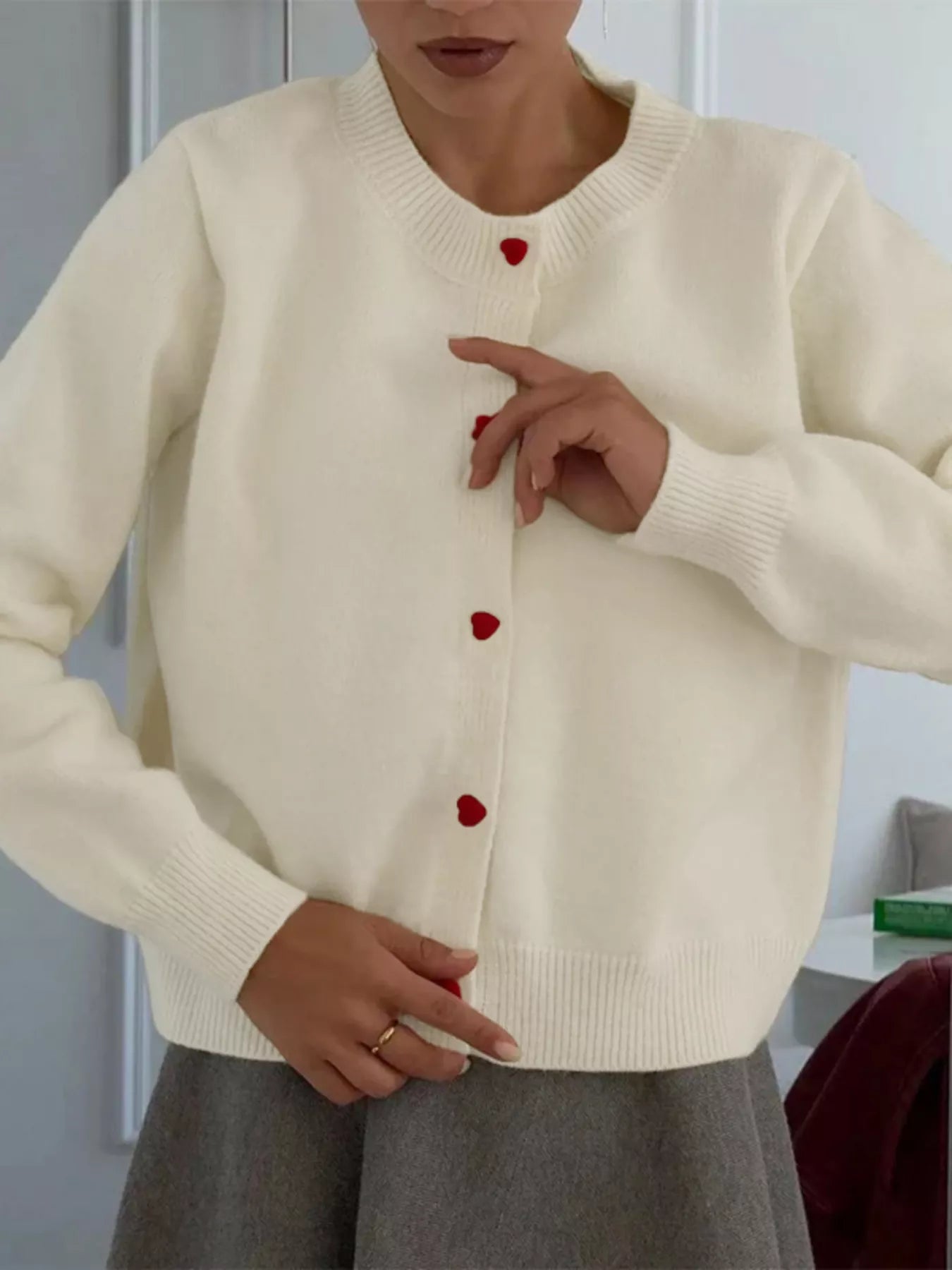 Button-Front Long Sleeve Cardigan Cream