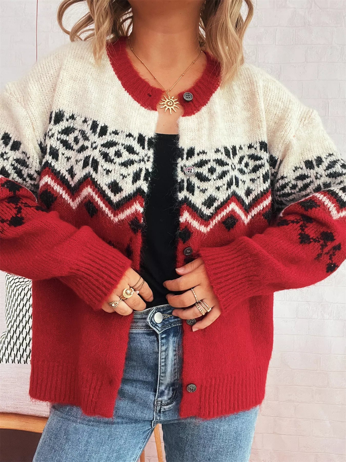 Christmas Button Up Drop Shoulder Cardigan Red One Size