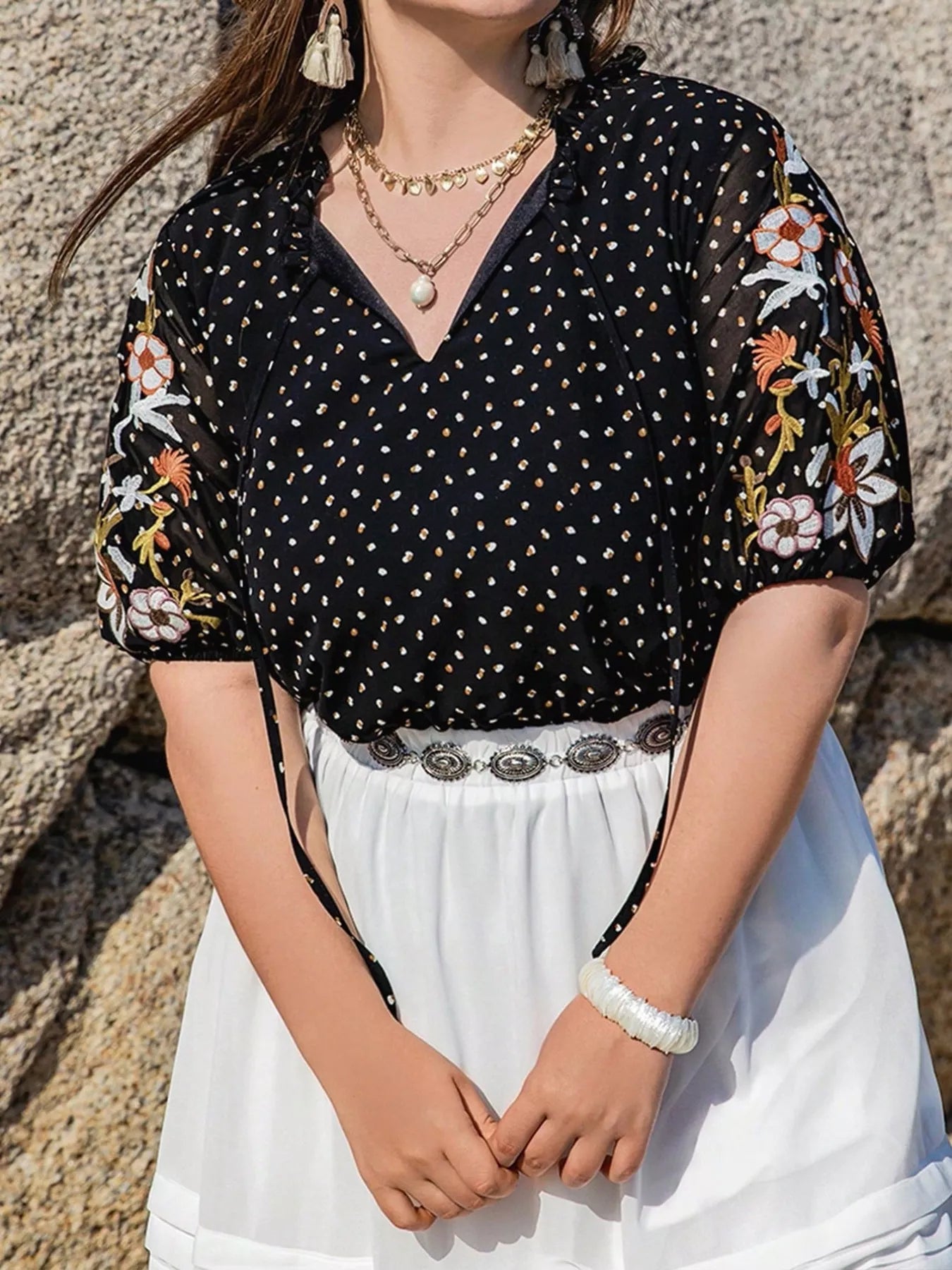 Plus Size Printed Tie Neck Half Sleeve Blouse Black