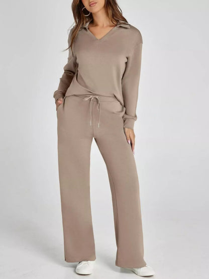 Full Size Johnny Collar Long Sleeve Top and Pants Plus Size Brown