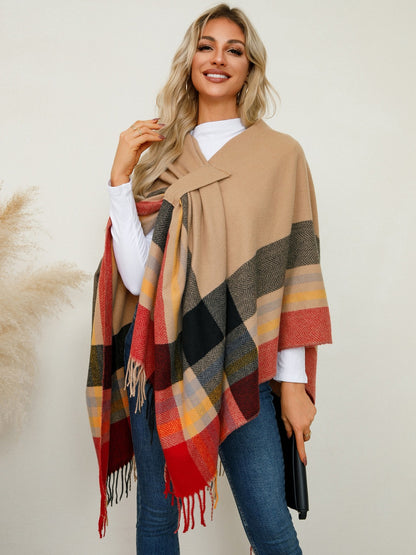 Fringe Contrast Plaid Poncho Sherbet One Size