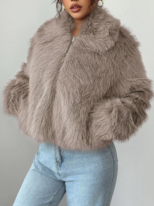Fuzzy Zip Up Cropped Outerwear