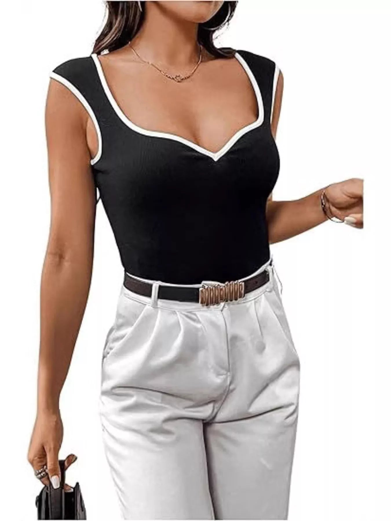 Contrast Trim Sweetheart Neck Knit Tank