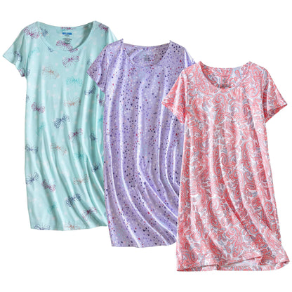 PNAEONG 3 Pack Women's Cotton Nightgown Sleepwear Short Sleeves Shirt Casual Print Sleepdress