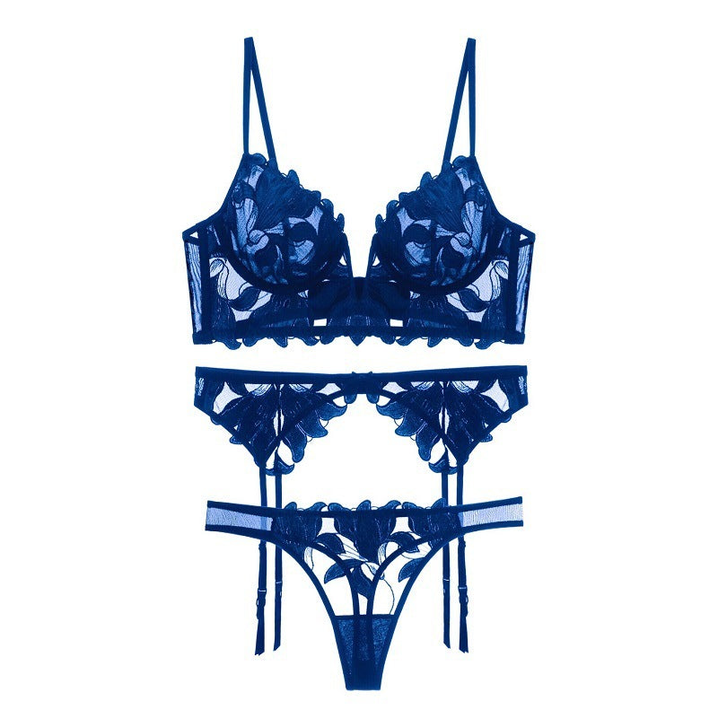 Ty094Bp3 Deep V Ultra-Thin Gauze Embroidered Garter Belt 3 Piece Underwear Set Blue